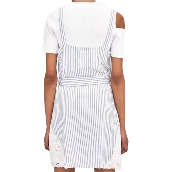 ZARA TRAFALUC Mini Dress, Blue White Striped 100% Cotton Lace Casual Boho, M - Picture 2 of 14